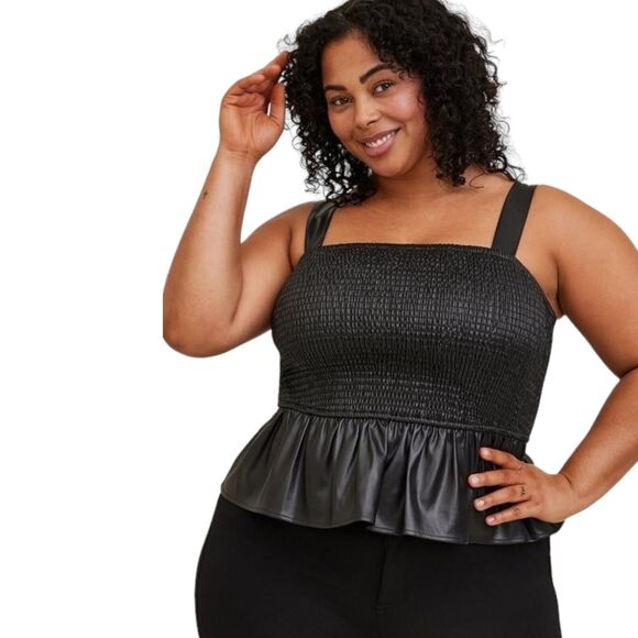 Torrid Women's Black Faux Vegan Leather Smocked Peplum Camisole Tank Plus Sz 2X - Picture 3 of 8